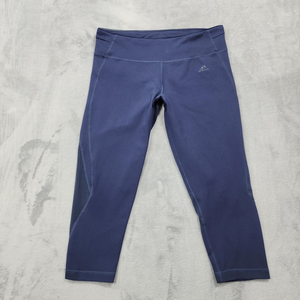 Adidas Leggings Womens M Blue Mesh Panel Capri Knit Yoga Gym Running Workout